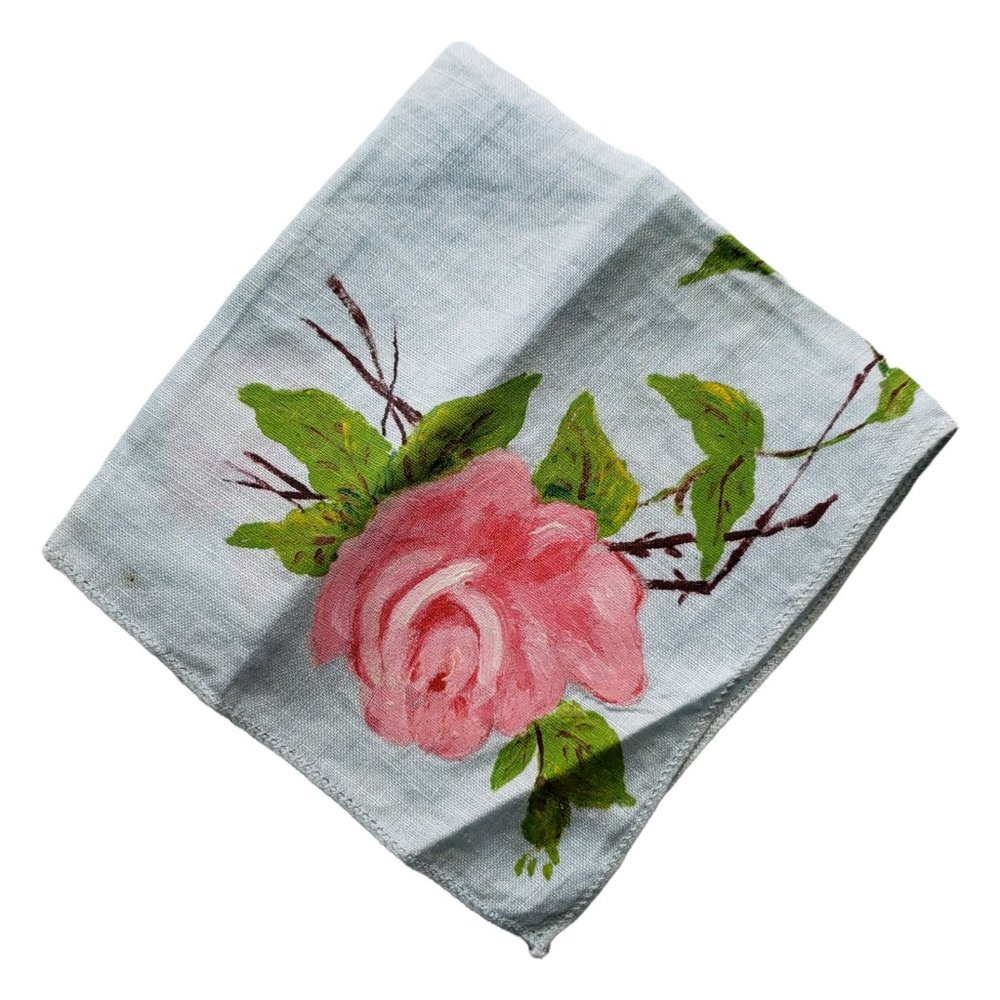 Vtg Ladies Handkerchief /Hankies Light Blue Linen with hand painted Pink Roses